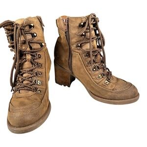 Womens Brown Distressed Lace Up Combat Ankle Boots Side Zip Block Heel Size 8.5